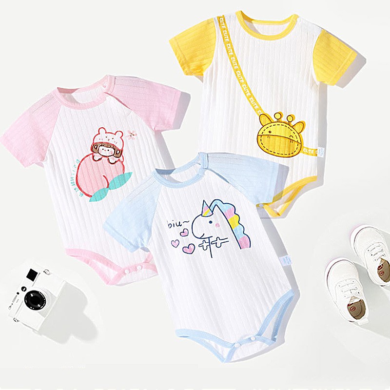 Áo liền quần LUCKYCANDY tay ngắn bằng cotton mềm nhiều màu cỡ 66 ~ 90 thời trang cho em bé