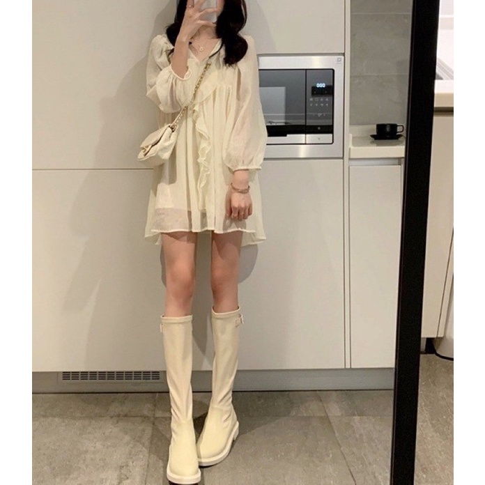 Áo babydoll bèo ngực chất voan tơ tay bồng điệu, Áo kiểu tiểu thư màu xanh dương bèo nhún form rộng | BigBuy360 - bigbuy360.vn