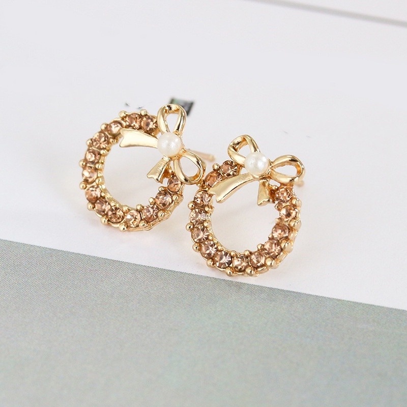 Đôi bông tai hình nơ đính đá và ngọc trai nhân tạo phong cách Hàn Quốc thời trang 210807