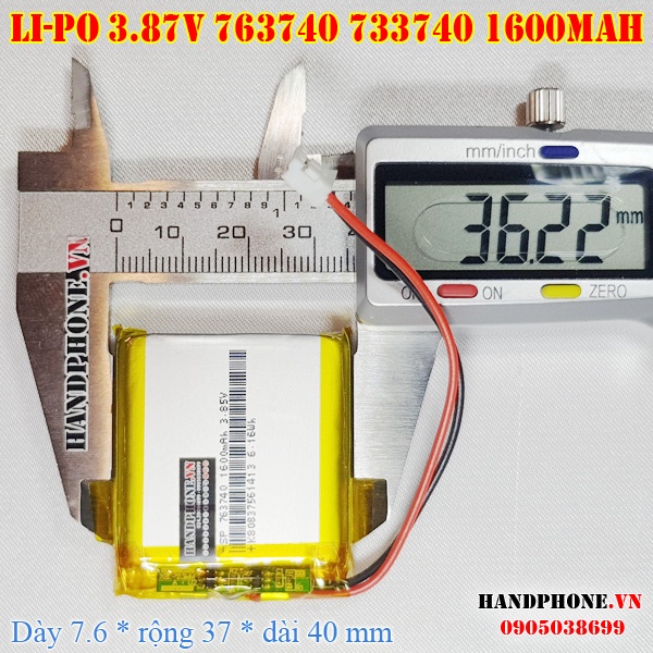 Pin Li-Po 3.85V 1600mAh 763740 733740 (Lithium Polymer) cho Loa Bluetooth, Điện Thoại, Định vị GPS, Camera Hành Trình