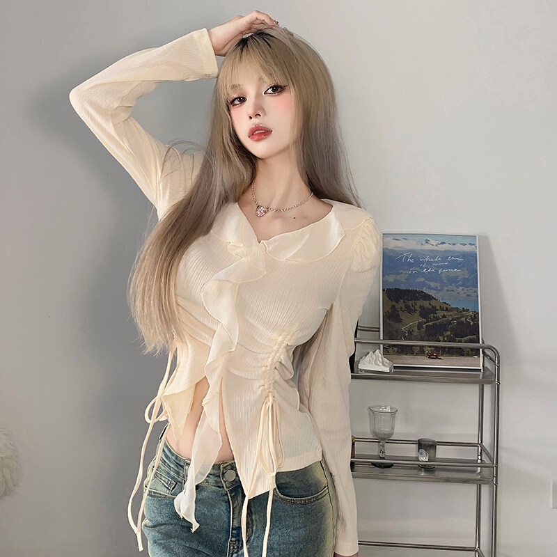 Kliou 2022 Mới vào mùa hè Áo Crop Top Tay Dài Phối Bèo Nhún Thiết Kế Dây Rút Eo Xinh Xắn Thời Trang Cho Nữ