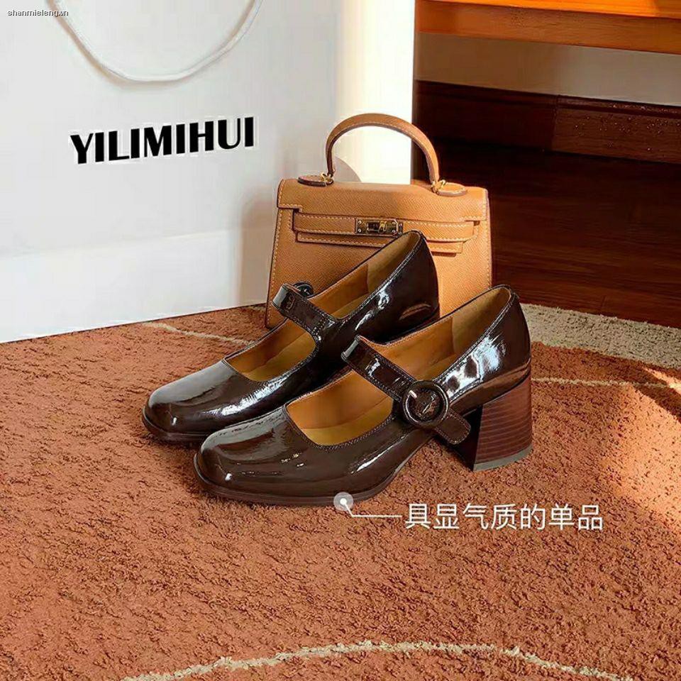 Giày da bóng gót cao dày mũi vuông phong cách retro Pháp thời trang mùa hè 2021 cho nữ