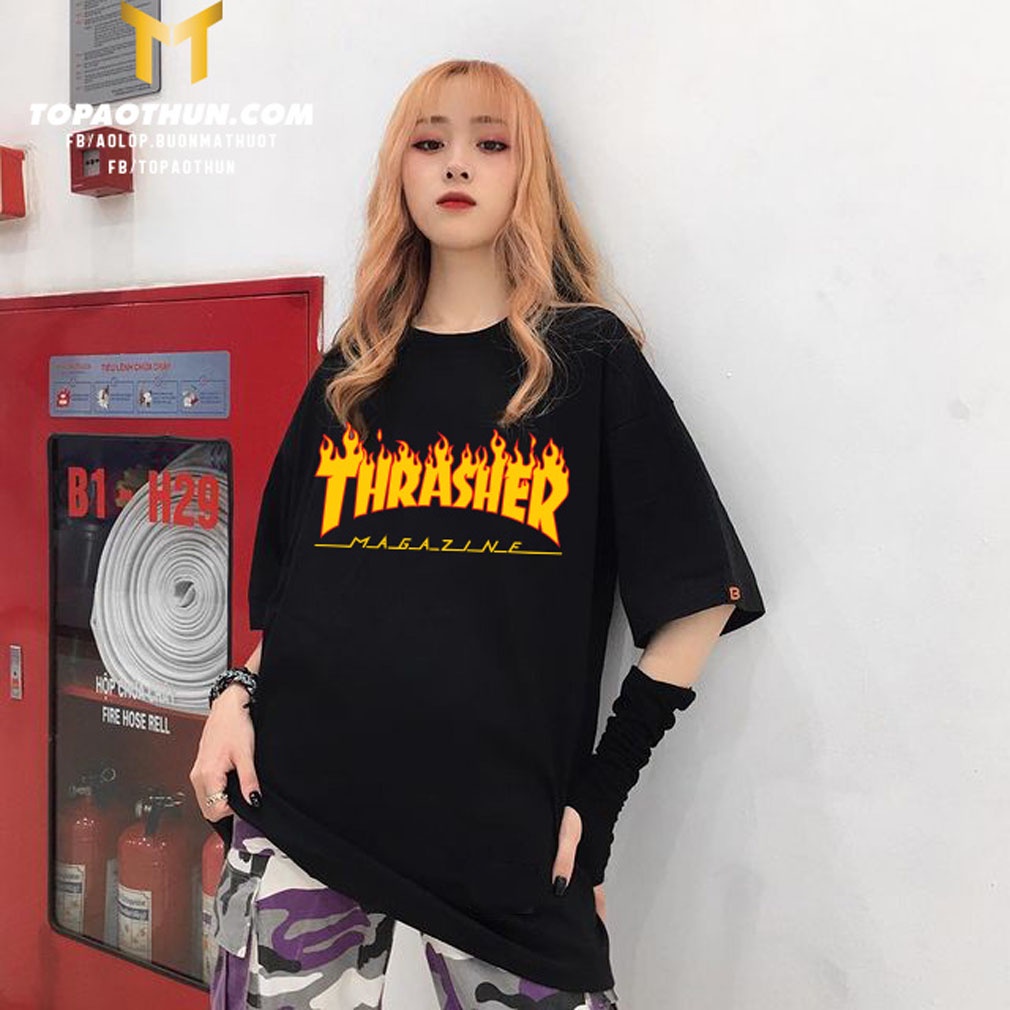 Áo thun THRASHER tay lỡ phom rộng cổ tròn phong cách Unisex Áo phông phong cách cực chất Ulzzang cho nam nữ đều mặc được