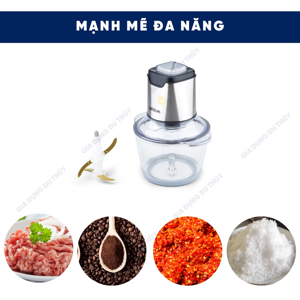 Máy xay thịt đa năng Goldsun lưỡi dao 2 tầng kép inox 304 phủ titanium siêu bền, siêu bén 1L2 300W bảo hành 12 tháng