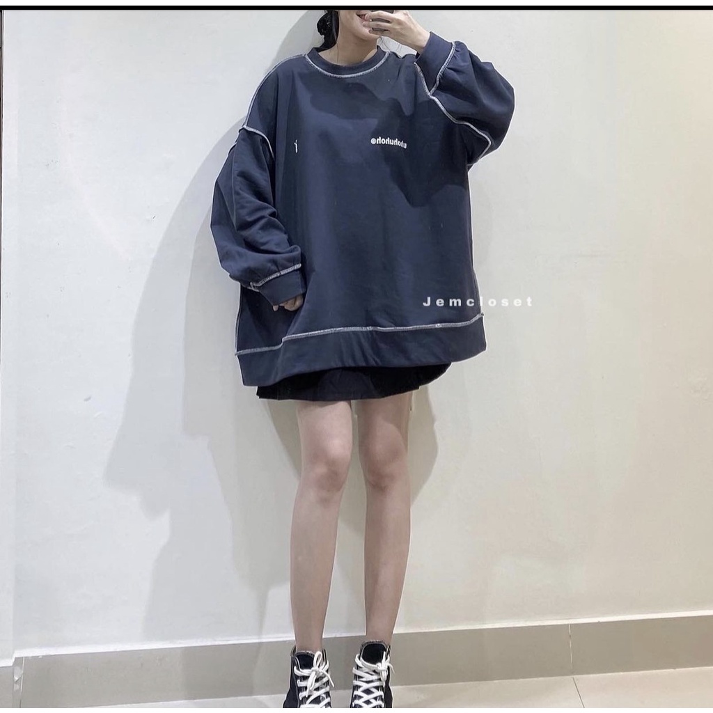 Áo Nỉ Uhoh Nữ - Áo sweater oversize tay bồng form rộng nổi bật, cá tính, thiết kế kẻ viền