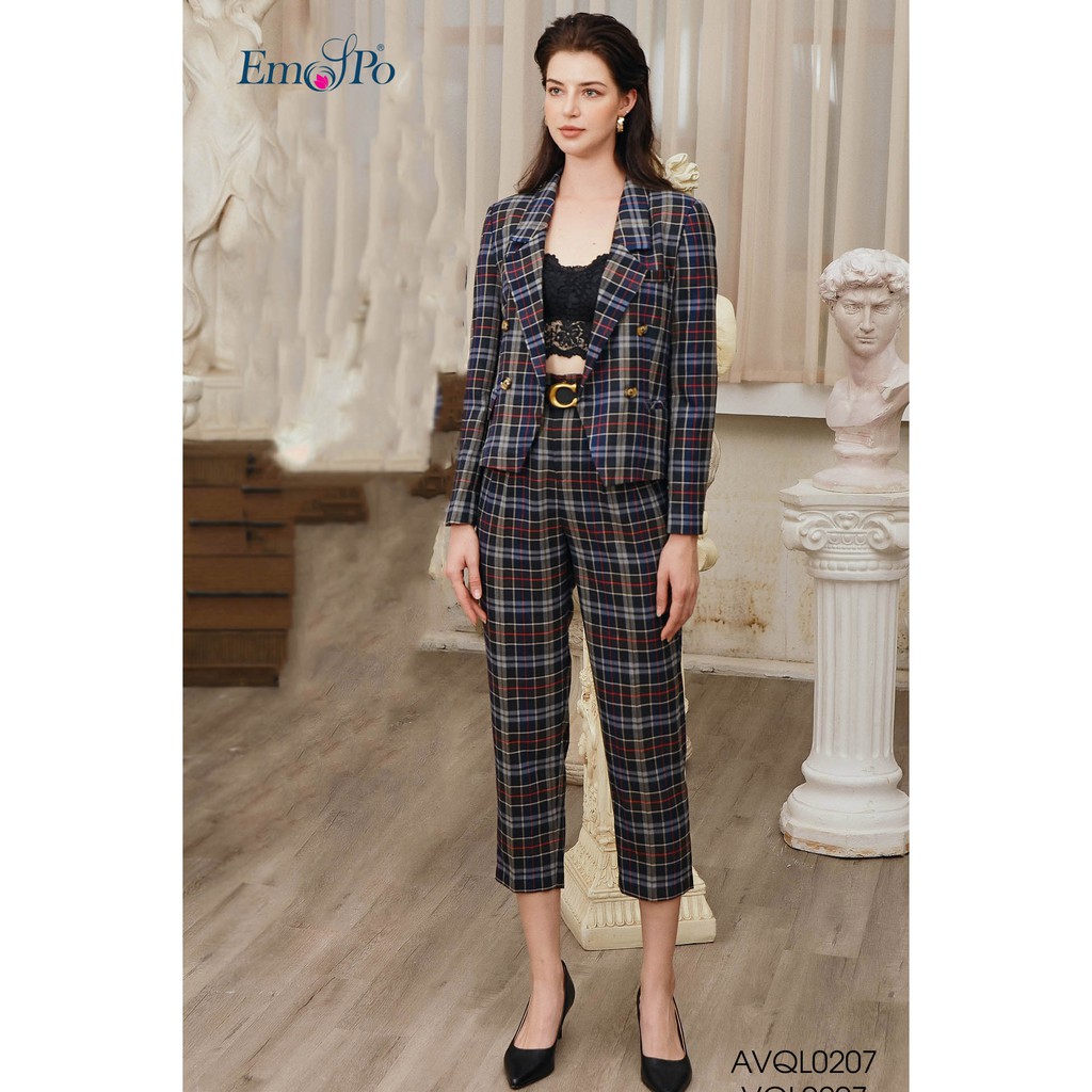 Áo vest kẻ cổ bẻ, 4 cúc Emspo AVQL0207 (có quần ghép bộ) (Nâu, Tím than)
