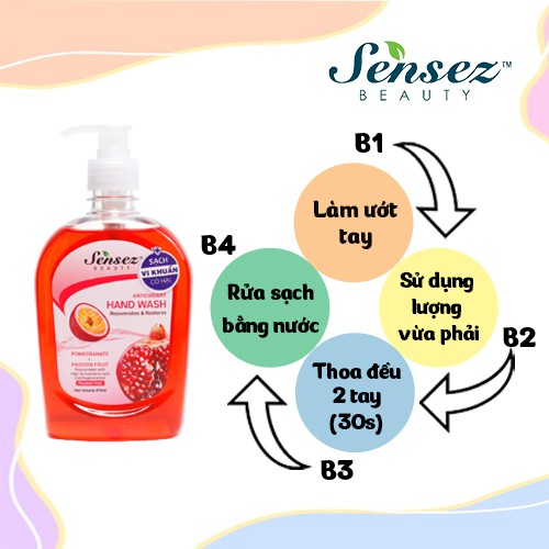 Nước Rửa Tay Chai Dưỡng Da Diệt Khuẩn Sensez Beauty Xà Bông Rửa Tay Dưỡng Ẩm Mềm Da 475ml - Hương Lựu