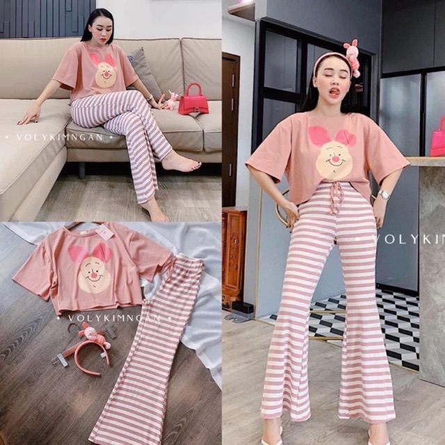 Set bộ áo crop hình quần sọc loe
