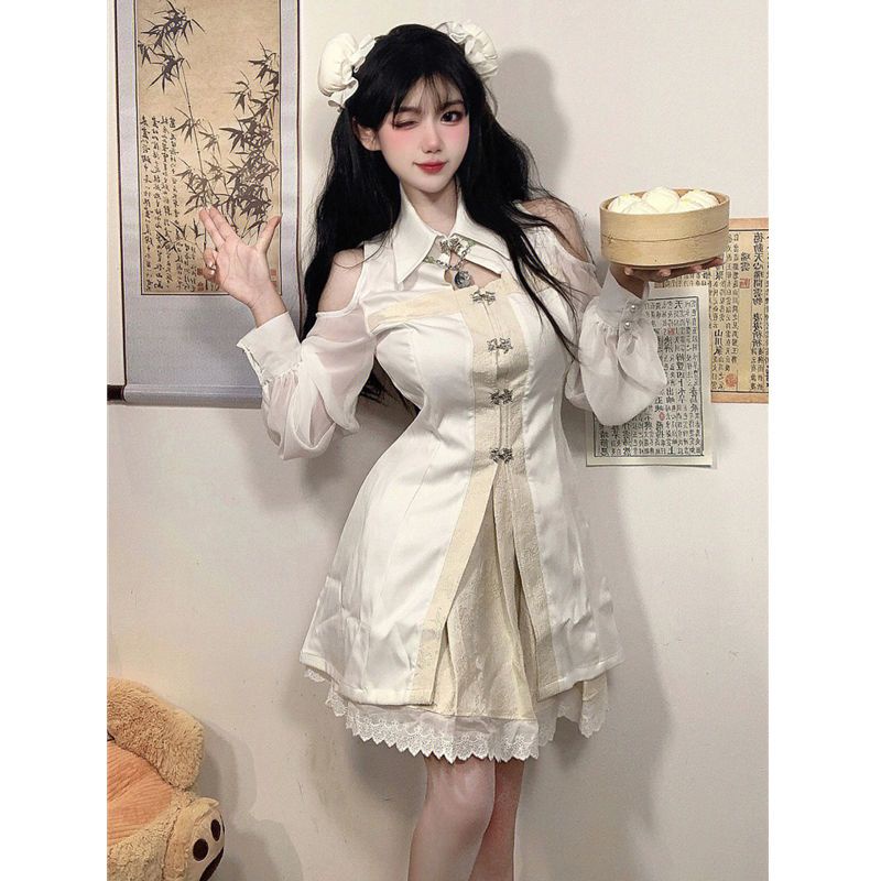 Set Áo Tay Dài + Chân Váy Ôm Eo Phong Cách Trung Hoa Thời Trang Thu Đông Mới