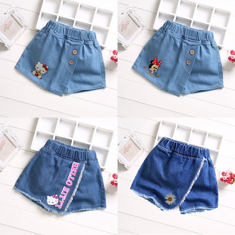 (2-15 tuổi) Quần short bò denim giả váy vạt chéo bé gái ống rộng co dãn Hàn Quốc hè 2022 cực đẹp có size đại