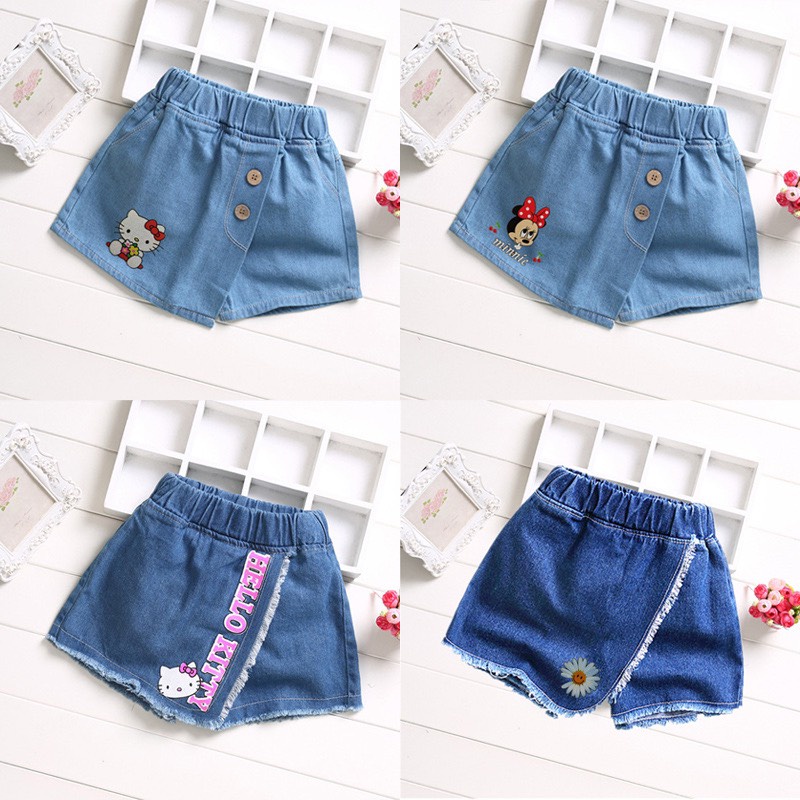 2-15 tuổi Quần short bò denim giả váy vạt chéo bé gái ống rộng co dãn Hàn