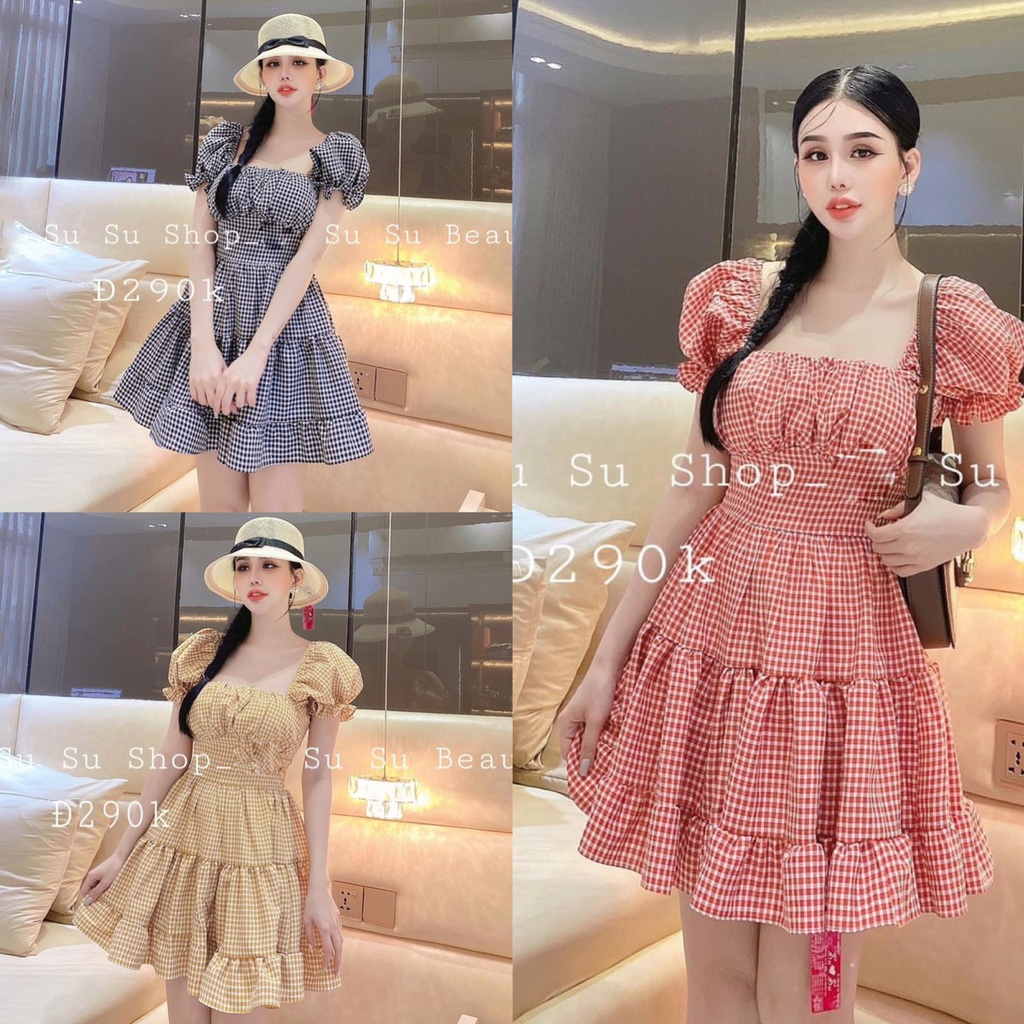 Đầm váy nữ xòe tay phồng cổ vuông xếp tầng sọc caro chất liệu kate thời trang nữ năng động trẻ trung