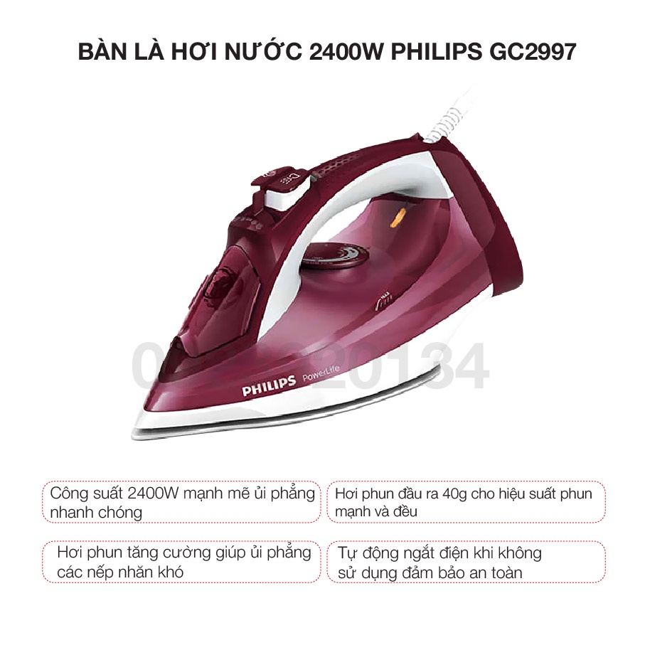 [Mã ELHADEV giảm 4% đơn 300K] Bàn là hơi nước 2400w Philips GC2997