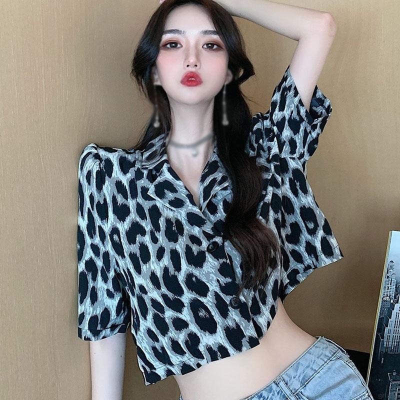 Áo Croptop Tay Ngắn Hoạ Tiết Da Báo Phong Cách Retro