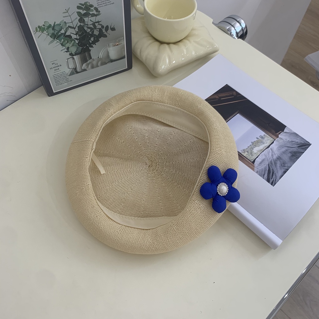 Nón Beret Vải Lụa Mỏng Thoáng Khí In Hoa Nhỏ Màu Xanh Dương Phong Cách Nhật Bản Dễ Thương Cho Nữ