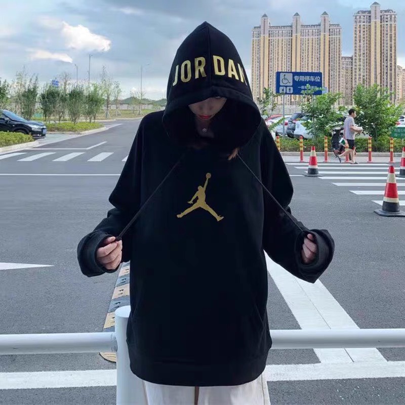 Áo hoodie Unisex đen Jordan nhũ vàng Cotton CVC bản oversize