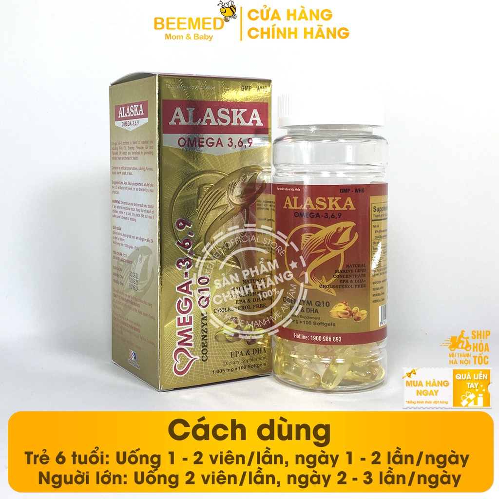 Dầu cá Alaska Hộp 100v bổ sung Omega 3 6 9, DHA EPA, có thêm dầu hoa anh thảo và coenzym q10, bổ mắt và tim mạch