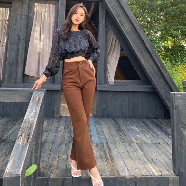 Quần Ống Loe Cạp Cao 2 Khuy 💕 Quần Công Sở Nữ Vải Tuyết Mưa Chống Nhăn | BigBuy360 - bigbuy360.vn