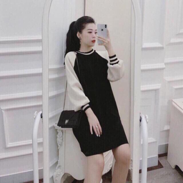 Váy hoodie dáng suông tay bo kẻ viền