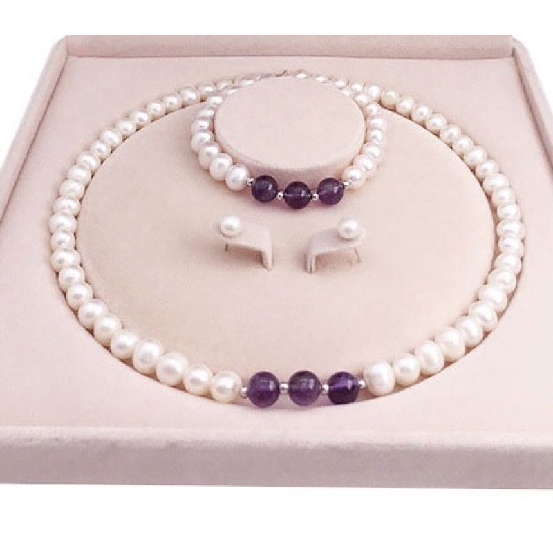Bộ trang sức ngọc trai nhân tạo hạt 8ly mix đá tím 3 món