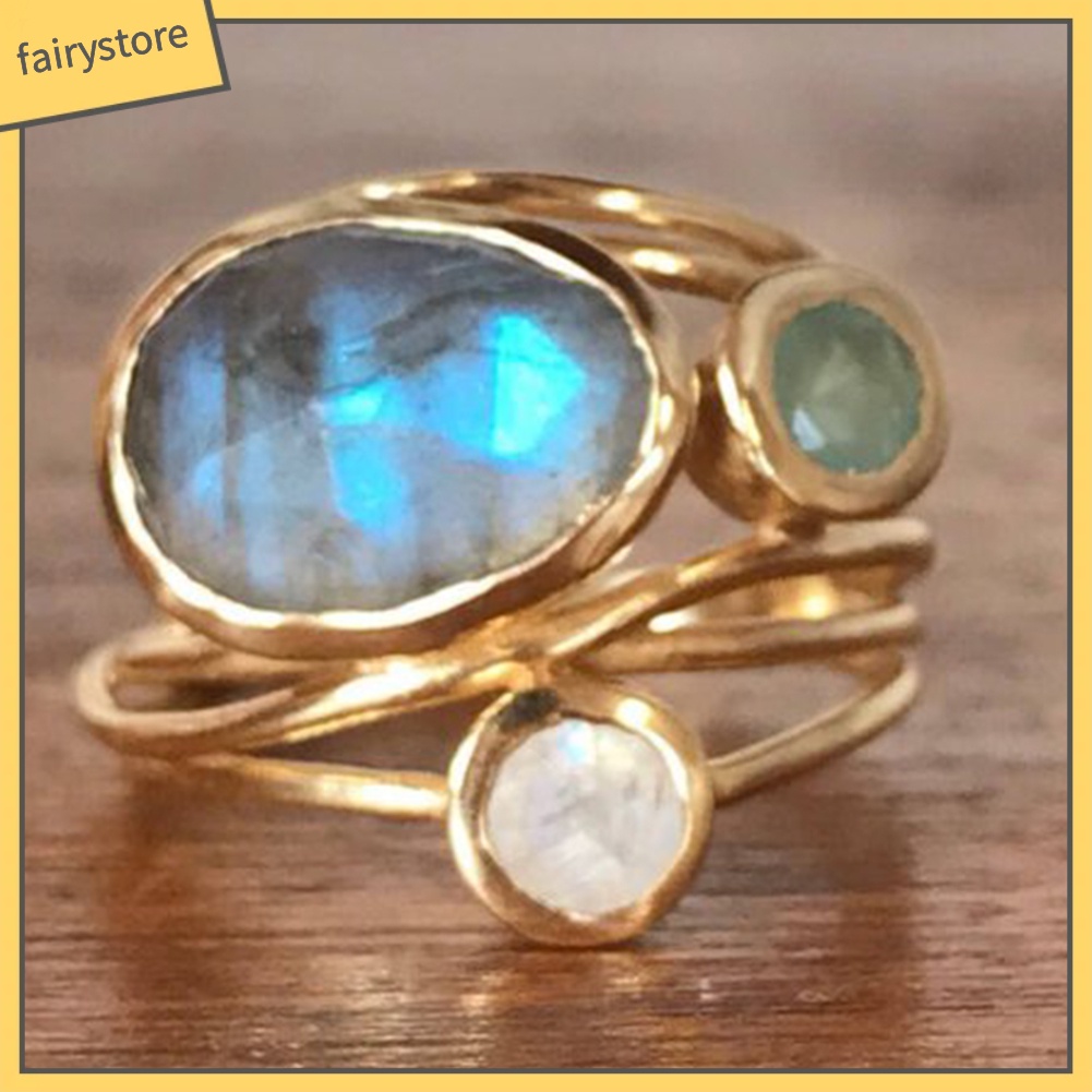 Nhẫn Đính Đá Mặt Trăng Nhân Tạo Nhiều Lớp Phong Cách Cổ Điển