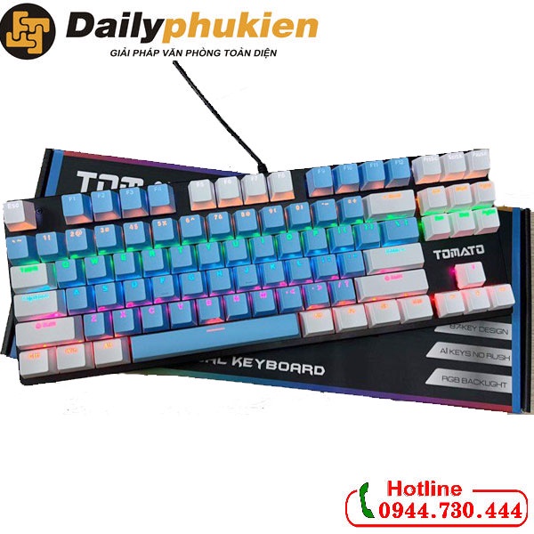PHÍM CƠ TOMATO s87 MÀU XANH TRẮNG, PHÍM cơ mini TKL87 bảo hành 2 năm