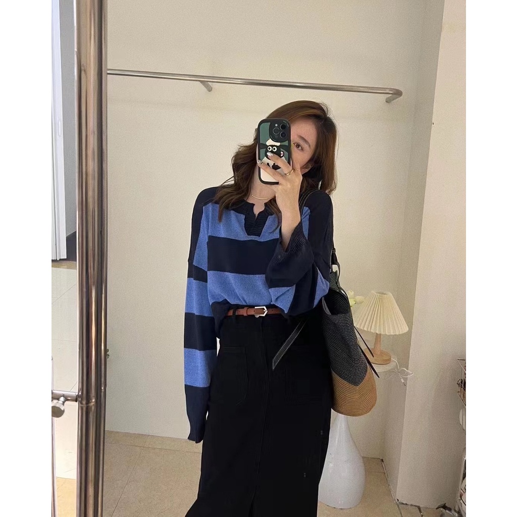 Áo len ZHELIHANGFEI tay dài cổ chữ V dáng rộng họa tiết kẻ sọc ngang