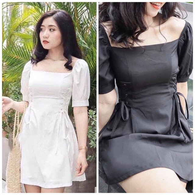 Đầm dạo phố, váy du lịch cổ vuông đan dây eo 2 màu