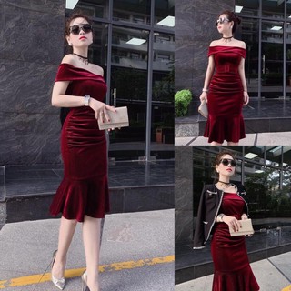 VÁY NHUNG ĐUÔI CÁ TRỄ VAI KÈM ĐAI