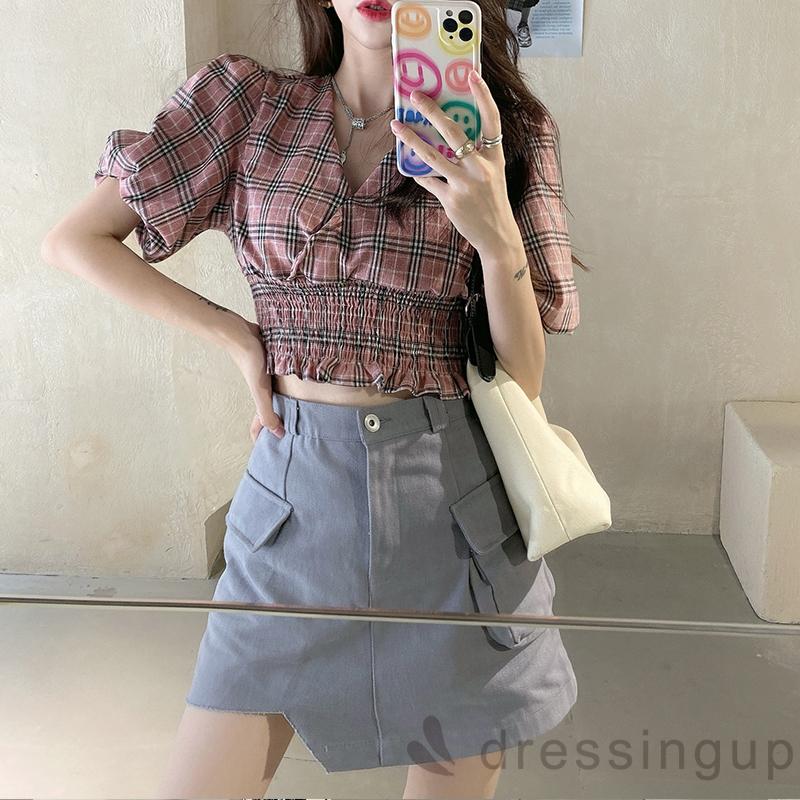 Áo Croptop Tay Lỡ Cổ Chữ V Họa Tiết Ca Rô Thời Trang Dành Cho Nữ