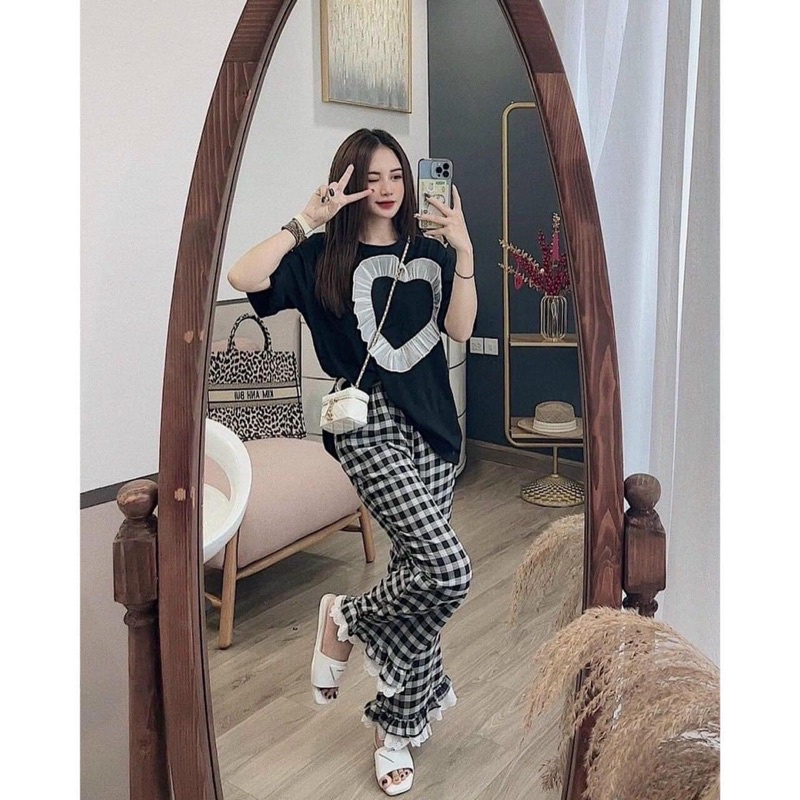[Shop bigsize nữ 50kg-90kg] Set áo thun mix quần ống rộng caro đen siêu cưng