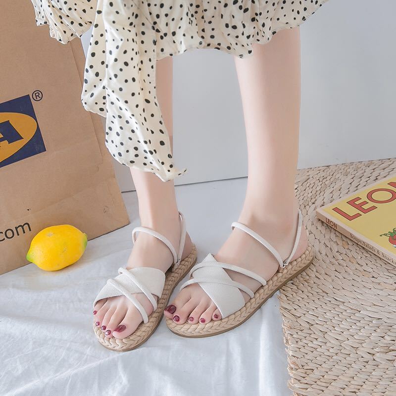 Giày Sandal Đế Bằng Phối Dây Chéo Thời Trang Xinh Xắn Cho Nữ