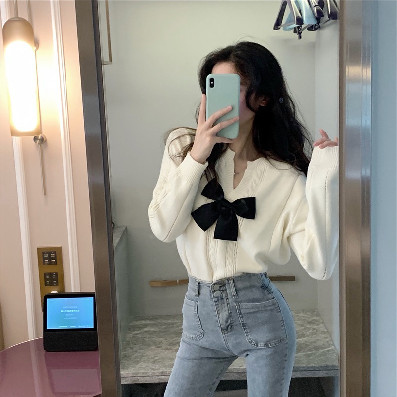 Áo len nữ hàn quốc bánh bèo dài tay có gắn nơ xinh | BigBuy360 - bigbuy360.vn