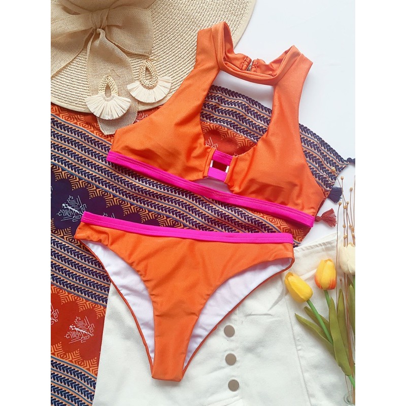 [BKN841] &lt;ÂU&gt; SET BIKINI CAM VIỀN HỒNG CỔ TRÒN