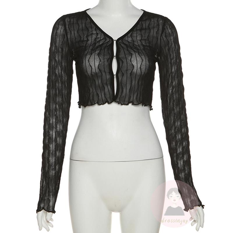 Áo Thun Tay Dài Dáng Ôm Màu Trơn Khóa Kim Loại Xuyên Thấu Cho Nữ