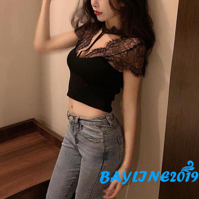 Áo Croptop Ren Hoa Xuyên Thấu Cổ V Ngắn Tay Thời Trang Mùa Hè Dành Cho Nữ