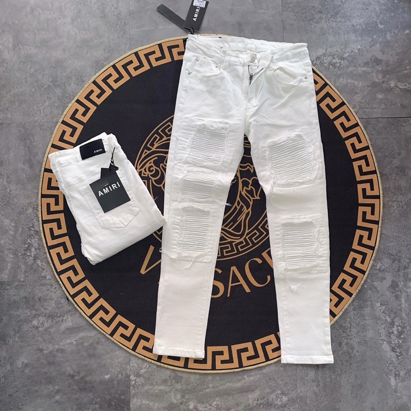 White jean trắng vá nhăn rách gối,đùi cao cấp