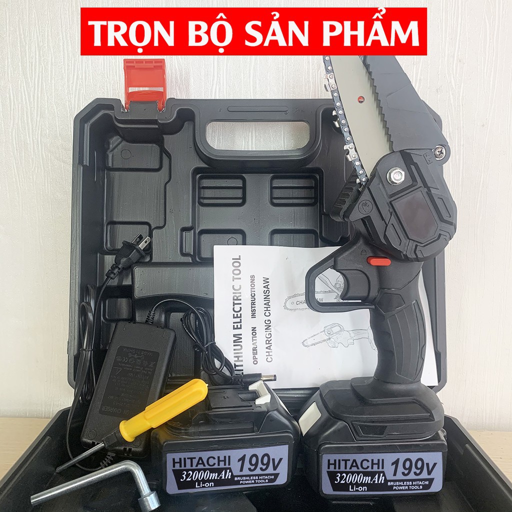 Máy Cưa Xích Pin Cầm Tay HITACHI 199V- Máy cưa xích - Cưa xích chạy pin- 2 Pin 10 cell - Lõi đồng 100%
