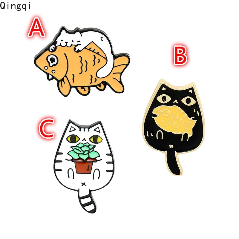 Ghim cài áo MISS ZOE hình mèo béo và cá màu trắng đen dễ thương xinh xắn