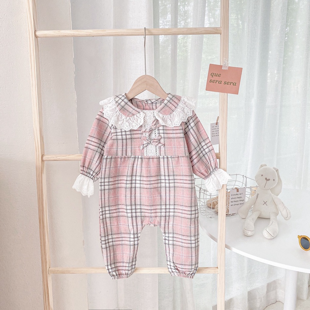 Áo liền quần SANLUTOZ tay dài họa tiết kẻ sọc ca rô dễ thương dành cho bé gái