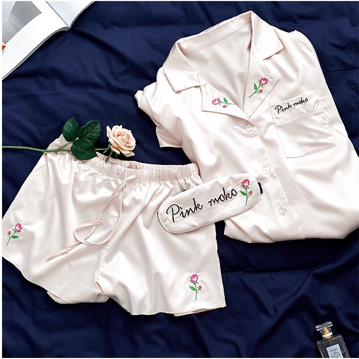 DOJI - (QCCC có sẵn ) Bộ ngủ lụa ngắn thêu hoa hồng kèm bịt mắt - MUỐI SLEEPWEAR M10