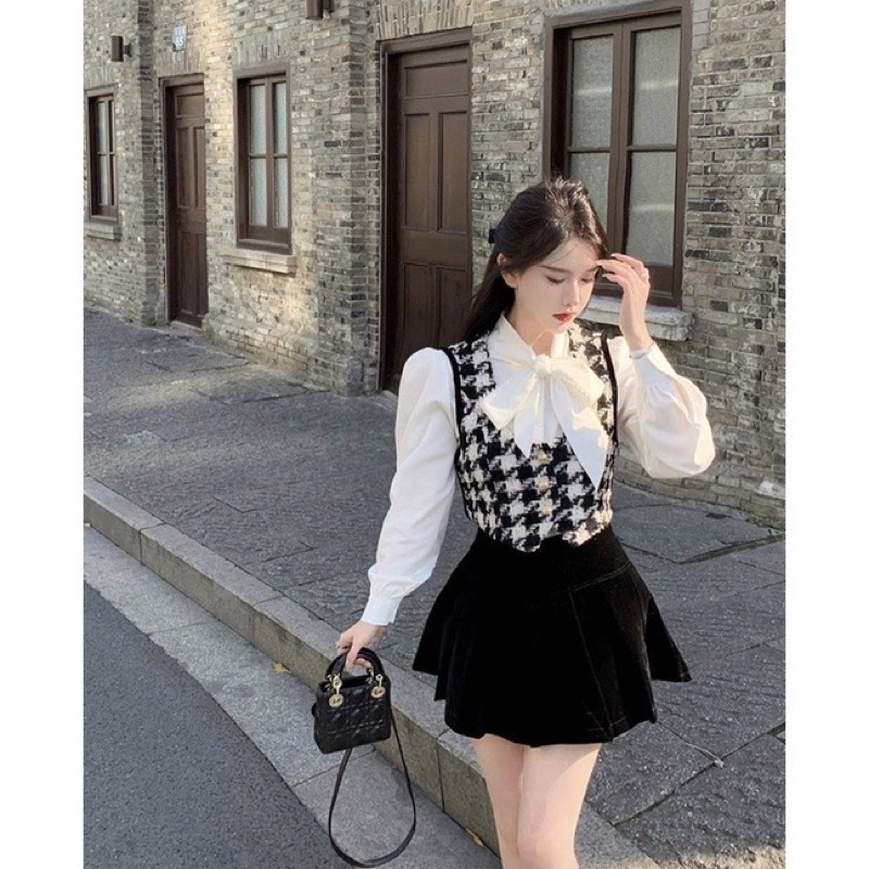 Sét áo sơ mi nơ phối áo gile dạ kẻ mix chân váy nhung siêu xinh