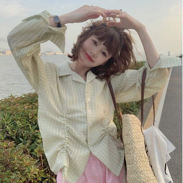Áo Sơ Mi Tay Dài Phối Dây Rút Màu Xanh Lá Thiết Kế Đơn Giản Phong Cách Hàn Quốc Thời Trang Mùa Hè Cho Nữ