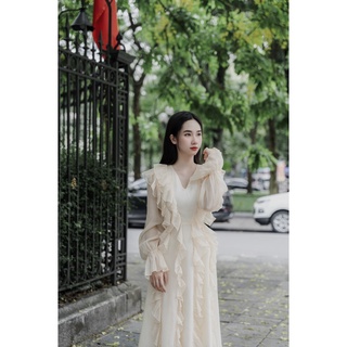 Váy Quyn nhún bèo, cổ chữ V - LinCi Couture