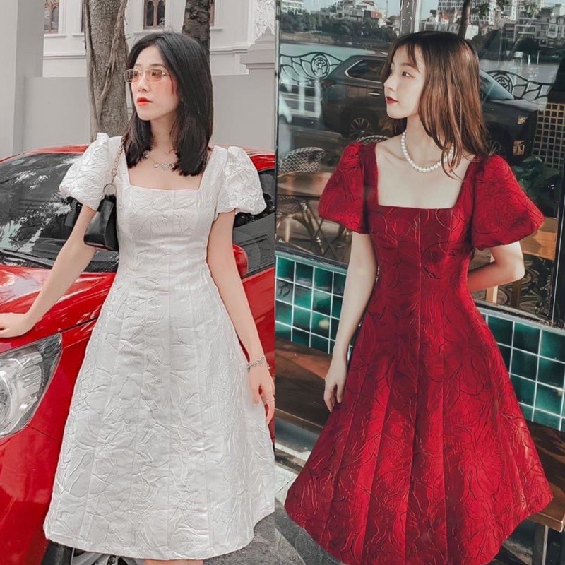 Đầm tay bồng gấm nơ lưng 2 màu