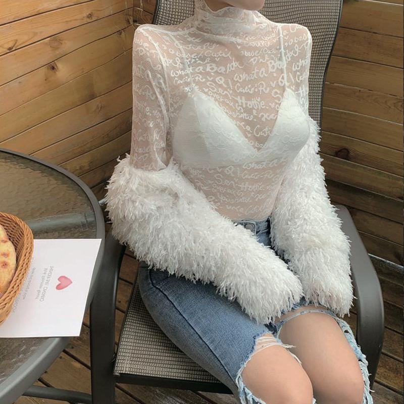 Áo sơ mi kiểu lưới nhìn thấu in chữ thời trang phương Tây thoáng khí cho nữ