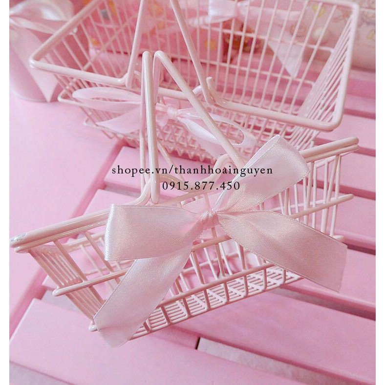 Giỏ tay cầm màu hồng thắt nơ pastel xinh xắn ( Rổ picnic cắm trại , rổ trang trí góc học tập )