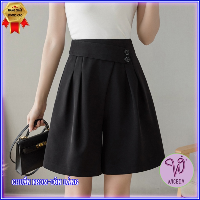 Quần short ngố nữ cạp cao ống rộng Wiceda , quần lửng đen dài ngang gối chất tuyết mưa đẹp phối cạp 2 cúc trang trí Q452