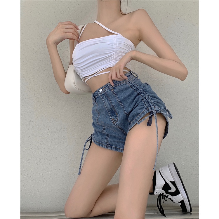 DUNEA Quần short denim lưng cao thắt nơ phong cách đường phố cá tính dành cho nữ