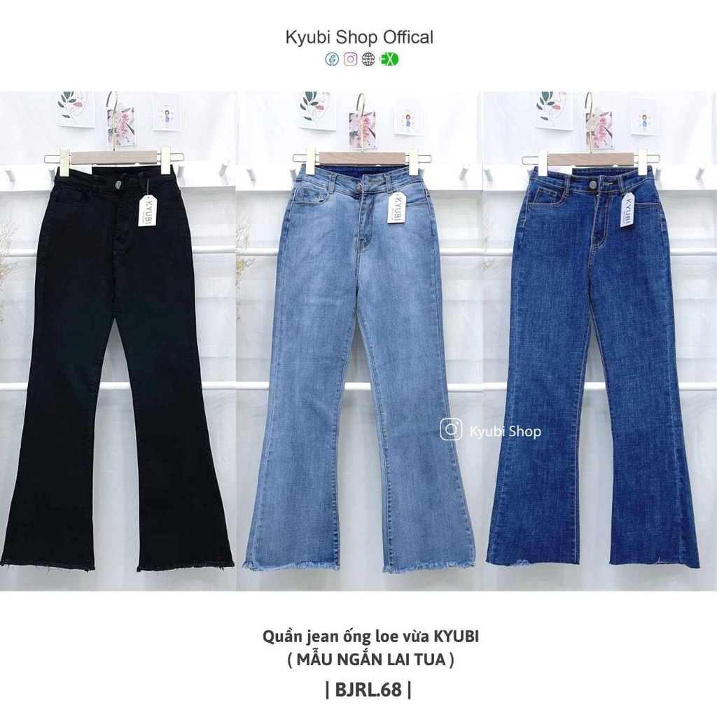 Quần jean ống loe vừa 9 tấc lưng cao KYUBI, quần bò ống loe dáng lỡ ngắn jean co dãn 4 chiều cao cấp dày dặn - BJR68N